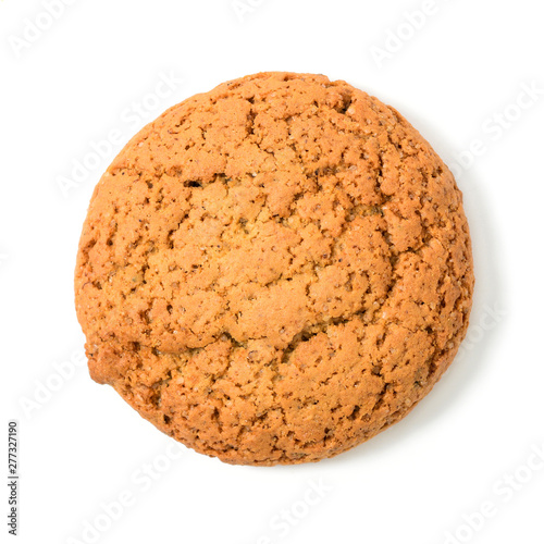Homemade cookies. One sweet cookie made from oatmeal flour. Tasty biscuit in high resolution closeup  isolated on white background top view. Homemade bakery.