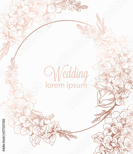 Vintage boho flowers wreath decor Vector line art. Golden glossy structure. H...
