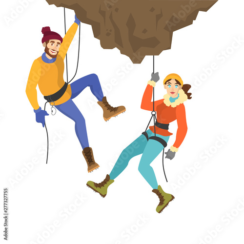 Alpinist couple climb the mountain. Extreme sport