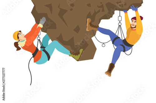 Alpinist couple climb the mountain. Extreme sport