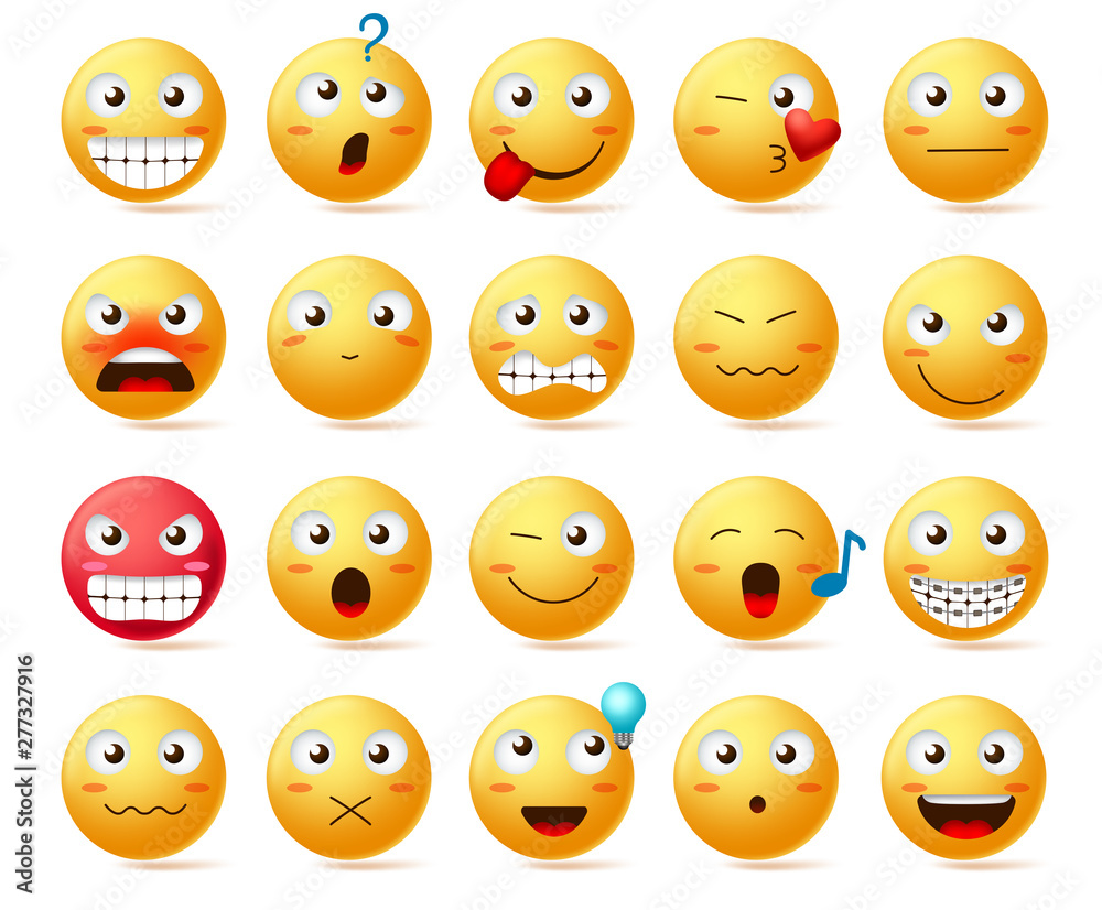 Emoji vector icon set. Smiley face or yellow emoticons with various facial expression like angry face, smiling teeth and confused isolated in white background. Vector illustration. Emoji vector icon set. Smiley face or yellow emoticons with various facial expression like angry face, smiling teeth and confused isolated in white background. Vector illustration.