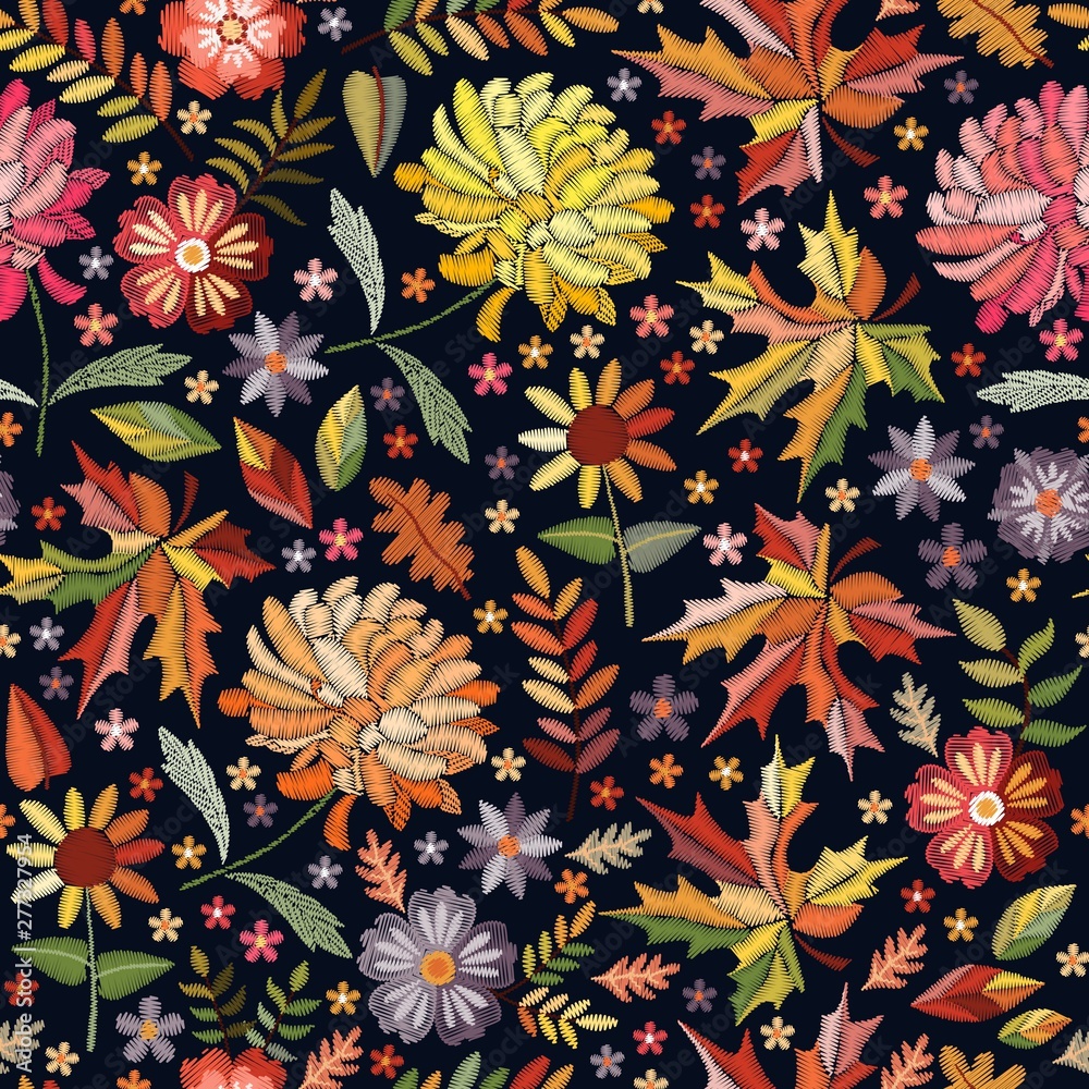Embroidery seamless pattern with beautiful flowers and leaves. Autumn print. Fashion design. Colorful embroidered illustration. Embroidery seamless pattern with beautiful flowers and leaves. Autumn print. Fashion design. Colorful embroidered illustration.
