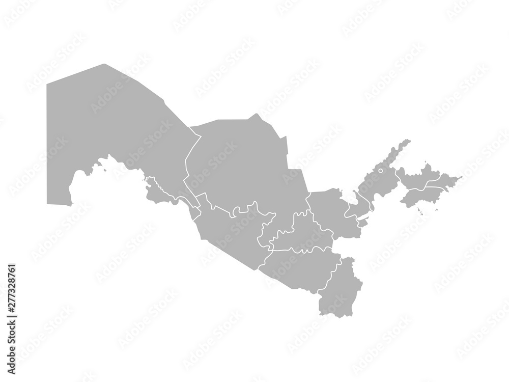 Vector isolated illustration of simplified administrative map of Uzbekistan. Borders of the provinces (regions). Grey silhouettes. White outline