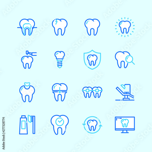 Dental line blue color icons flat line style