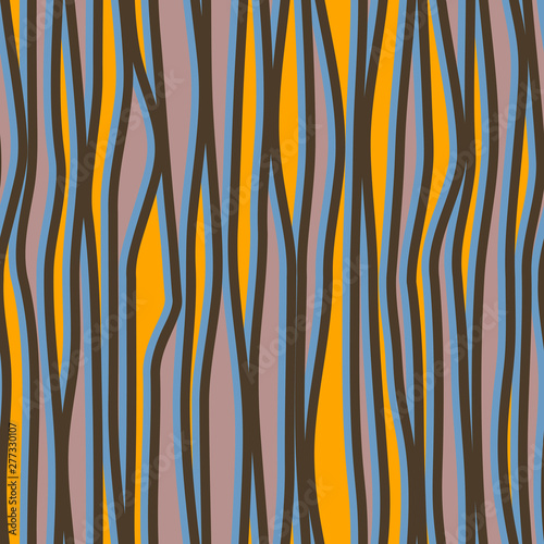 Abstract seamless pattern with vertical curved lines. Background with uneven parallel stripes. Ornament in violet and yellow colors.