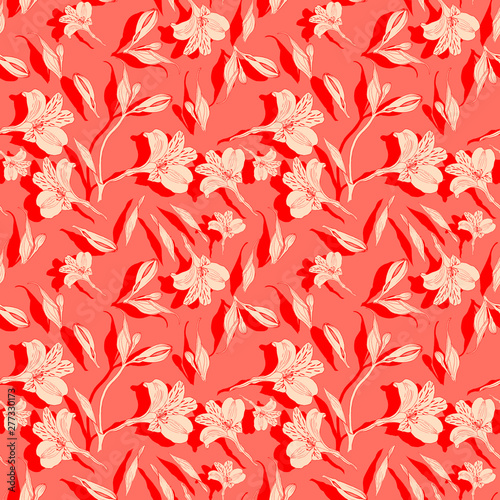 Seamless floral pattern. Pattern with white graphics flowers on living coral background with bright shades. Alstroemeria. Seamless pattern with hand drawn plants. Herbal Botanical illustration.