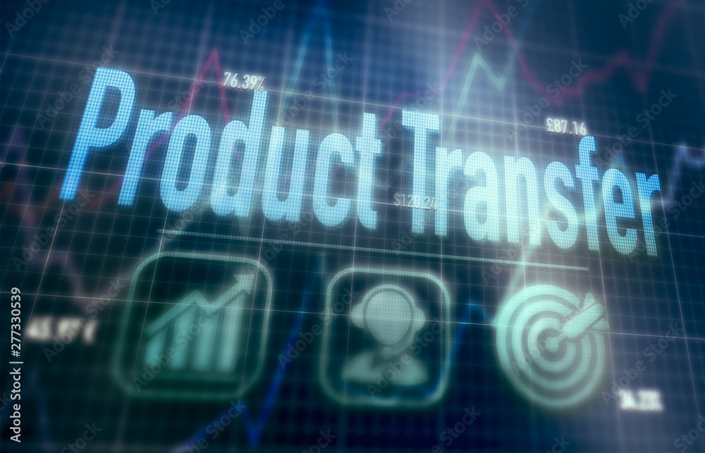 Product Transfer concept on a blue dot matrix computer display.
