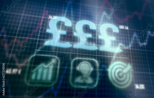 British Pound concept on a blue dot matrix computer display.
