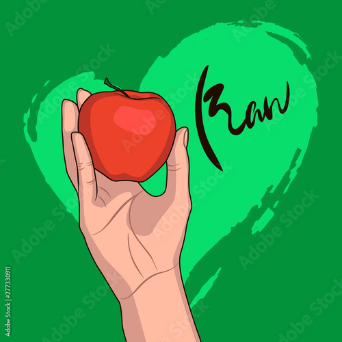 A woman holds green apple in her hand on the background of a green heart. The word 