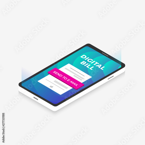 Flat isometric vector concept of digital bill receipt vector concept, online payment, money transfer, mobile wallet. For website landing page, template, layout icon.