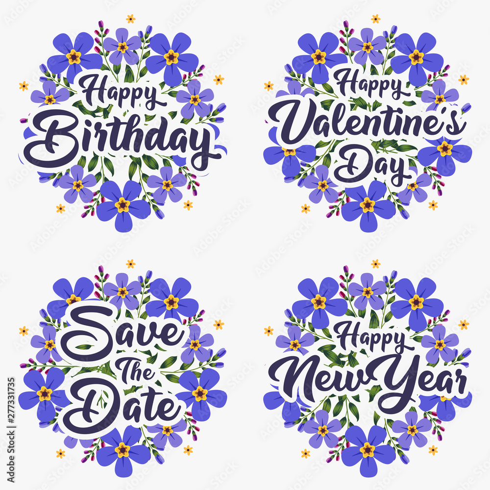 Greeting purple flower card message template for happy birthday, valentine's day, wedding and happy new year with flower wreath.