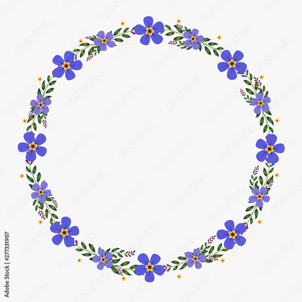 Floral greeting card and invitation template for wedding or birthday anniversary, Vector circle shape of text box label and frame, Purple flowers wreath ivy style with branch and leaves.
