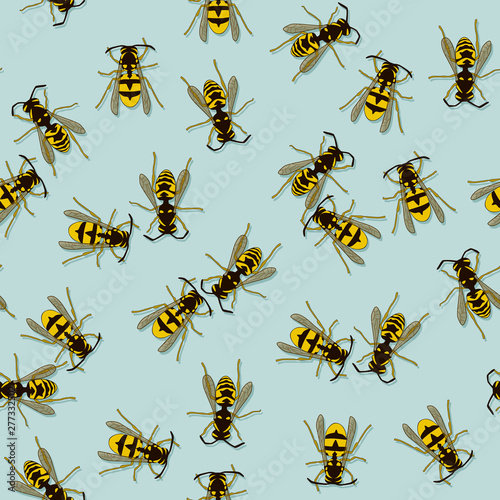 Decorative seamless pattern with wasps. Endless ornament with chaotic hornets on blue backdrop. Stylish wasp background.