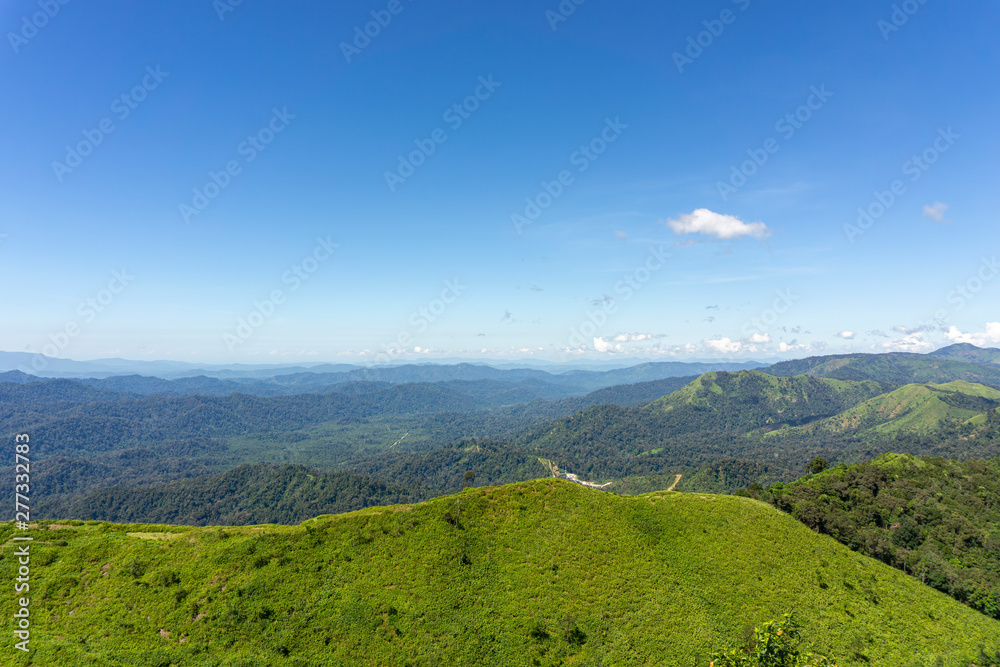 The scenery on the afternoon viewpoint. Mountains complex, Clear blue sky. Pilok Mine Viewpoint, Kanchanaburi, Thailand
