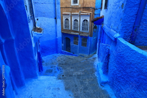 Blue street walls of the popular city of Morocco, Chefchaouen. Traditional moroccan architectural details. © AnastasiiaUsoltceva