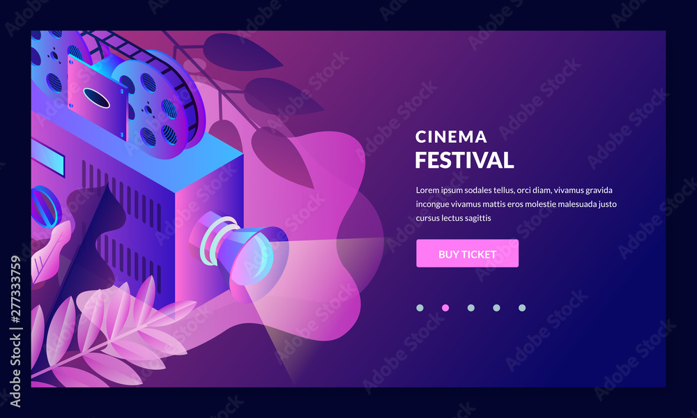 Cinema night neon gradient illustration. Vector 3d isometric design elements. Film festival banner, poster template.