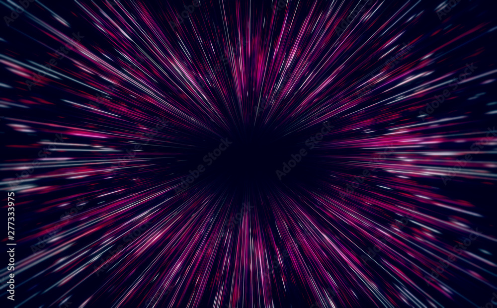 Shiny Particles Space Explosion Retro Sci-Fi Neon radial lines Background Futuristic speed light zoom of the 80`s. Digital Cyber Surface. Suitable for design in the style of the 1980`s