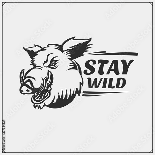 Vector emblem with wild boar for sport club. Print design for t-shirt.