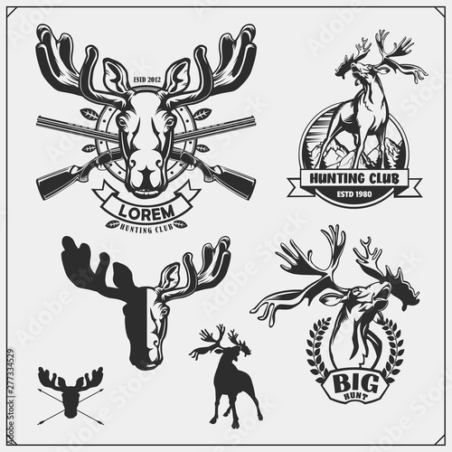 Set of hunting club emblems, labels and design elements. Deers and moose.