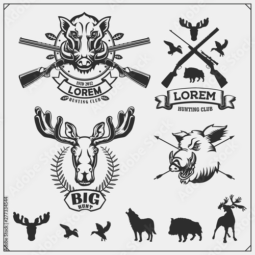 Set of hunting emblems, labels and design elements. Duck, moose, wild boar, wolf and deer.