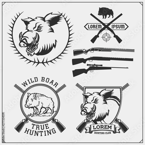 Set of vintage hunting wild boar labels, badges, emblems and design elements. Print desigr for hunt club t-shirt.