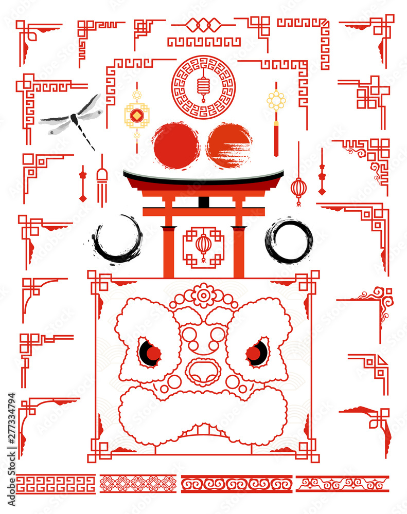 Big set with traditional asian frame for cards and picture frame