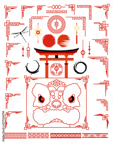 Big set with traditional asian frame for cards and picture frame. Grunge ink circle set in Japanese style and design elements. Chinese lion and japanese Torii gate.