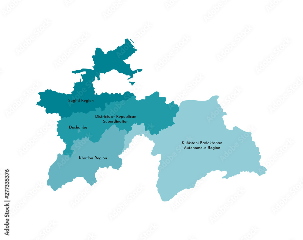 Vector isolated illustration of simplified administrative map of Tajikistan. Borders and names of the regions. Colorful blue khaki silhouettes