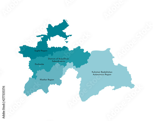 Vector isolated illustration of simplified administrative map of Tajikistan. Borders and names of the regions. Colorful blue khaki silhouettes