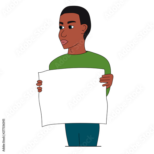 Black man protesting with a poster. Isolated stock vector illustration