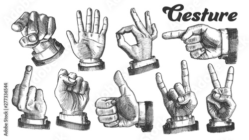Multiple Male Caucasian Hand Gesture Set Vector. Collection Of Different Arm Gesture. Ok And Peace, Palm And Fist, Rock Horns And Showing Indicating Signal. Hand Drawn Cartoon Illustration