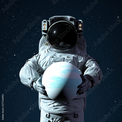 astronaut holding planet Uranus, world of the solar system