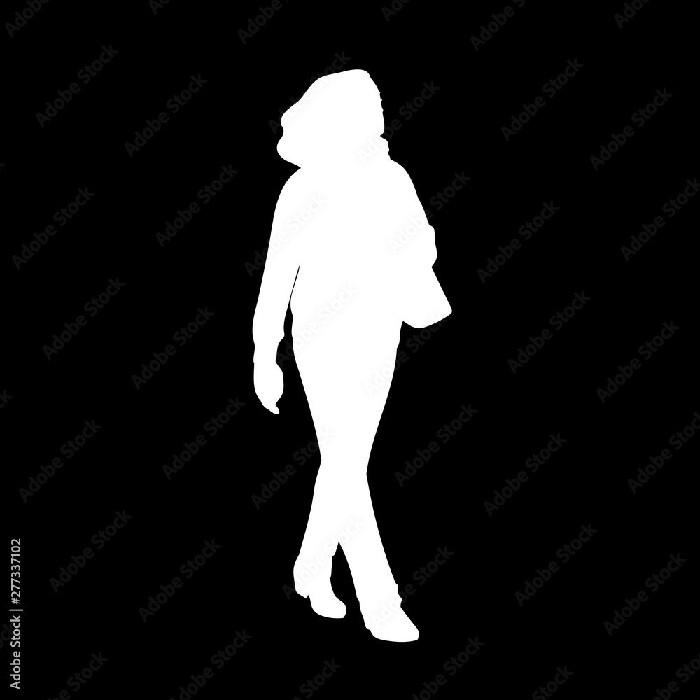 Woman taking a walk. Concept. Vector illustration of silhouette of woman in trousers walking somewhere alone. Stencil. White silhouette isolated on black background. Monochrome minimalism.