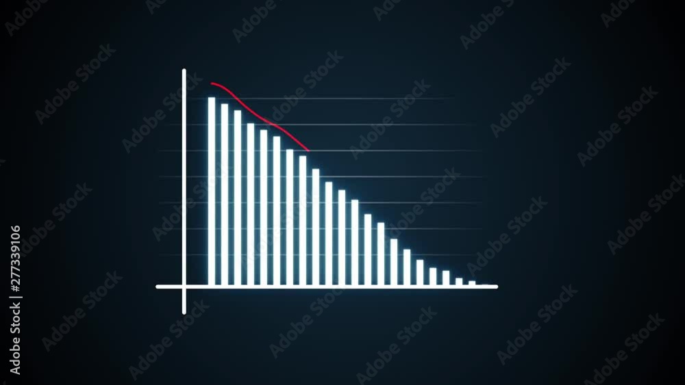 Animated business infographic chart showing decrease in profits and financial decline. 4k financial diagram with appearing animated descending arrow, bar stats, lines and digital effects. Business