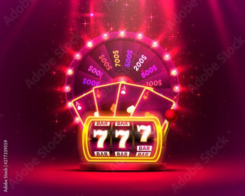 Casino neon colorful fortune wheel, Neon slot machine wins the jackpot.