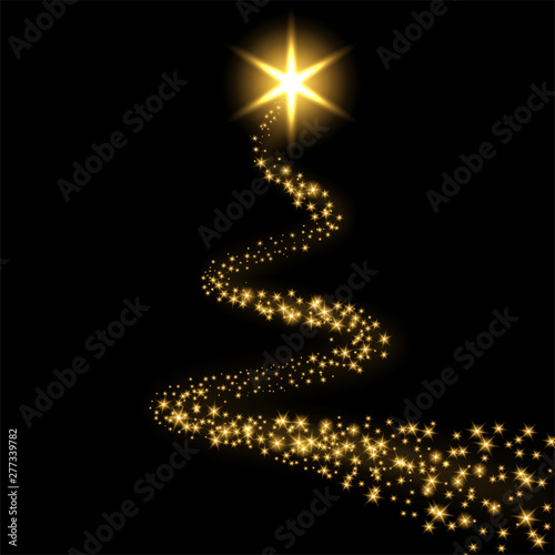 Star trail isolated black background. Gold magic light comet, golden glittering sparkles. Twinkle glitter shooting. Magical effect, wave Christmas decoration. Abstract stardust. Vector illustration