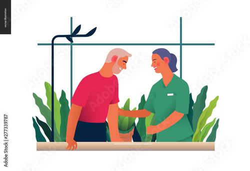 Medical insurance - rehabilitation and physiotherapy -modern flat vector concept digital illustration -physiotherapist helps patient walking using training parallel bars, medical office, laboratory
