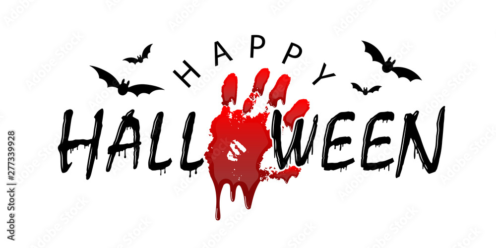 Happy Halloween card. Black scary design isolated on white background. Horror silhouette for banner, holiday card. Cartoon sinister dripping flow blood, hand, swarm flying bats. Vector illustration Happy Halloween card. Black scary design isolated on white background. Horror silhouette for banner, holiday card. Cartoon sinister dripping flow blood, hand, swarm flying bats. Vector illustration