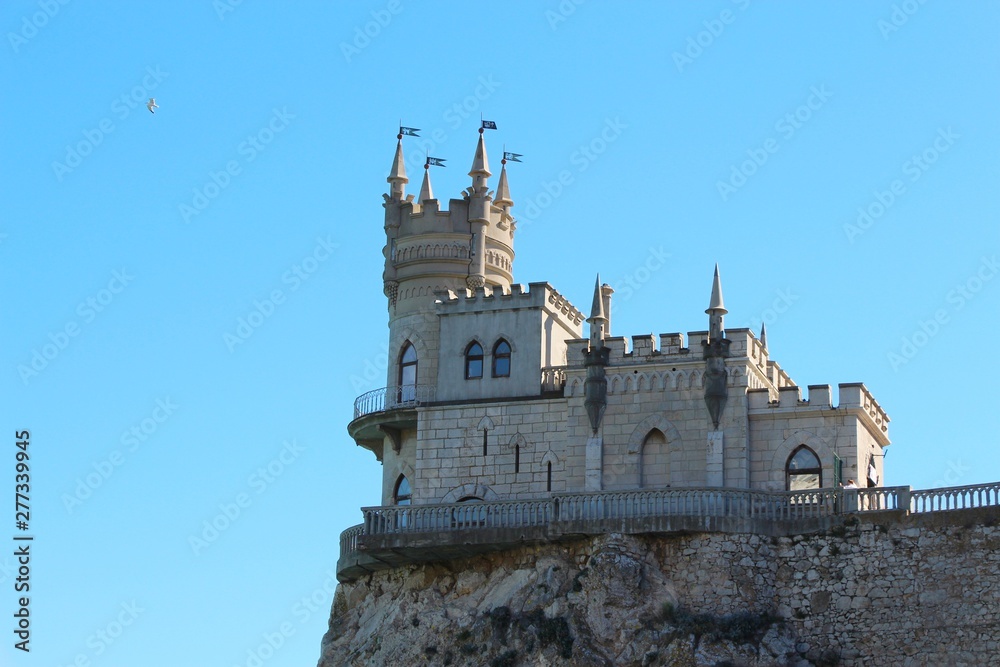 View of The Swallow's Nest. It's s a decorative castle located at Gaspra in Crimea. It was built between 1911 and 1912, on top of the 40-metre high Aurora Cliff.
