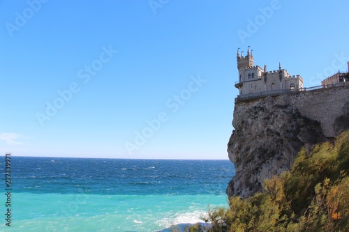 View of The Swallow's Nest. It's s a decorative castle located at Gaspra in Crimea. It was built between 1911 and 1912, on top of the 40-metre high Aurora Cliff.