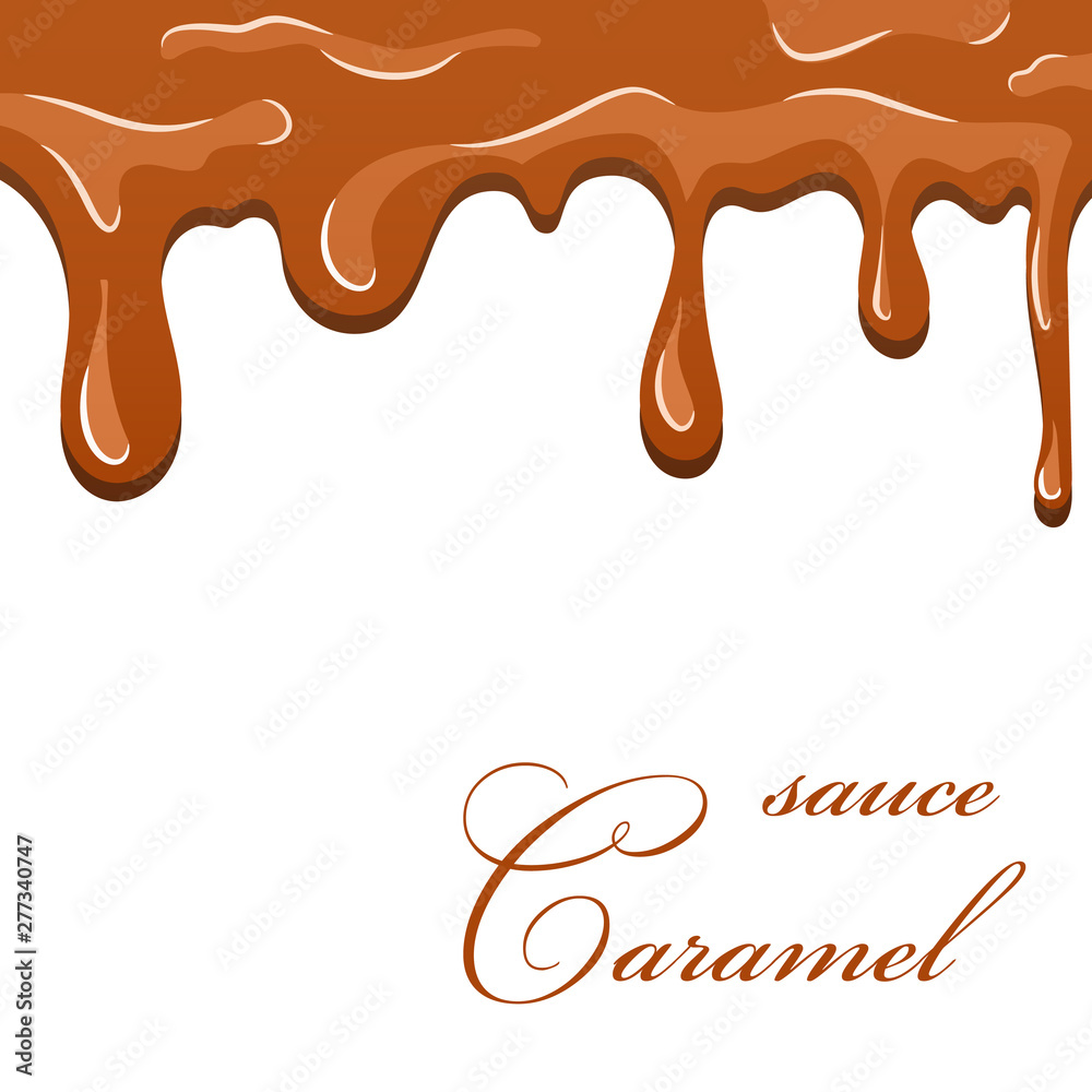 Caramel sauce. 3D flowing caramel liquid isolated white background. Cream sweet pouring design. Drop flow toffee. Tasty candy dessert. Splash melting decoration. Dripping sugar. Vector illustration
