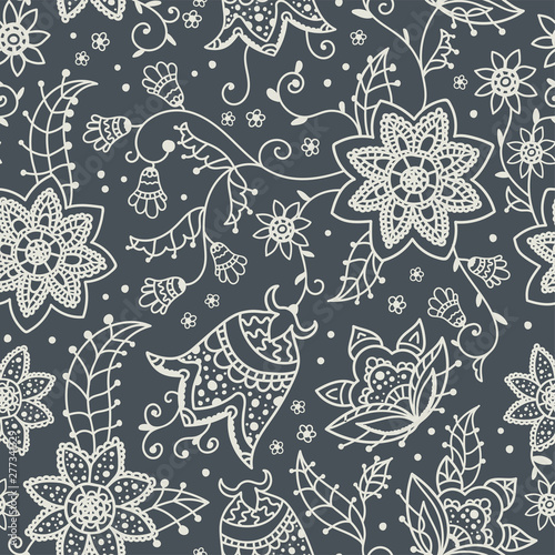 Creative floral seamless pattern with abstract doodle flowers, vintage background in grey and white - great for fashion prints, textiles, banners, wallpapers, vector surface design