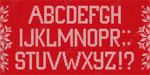 Christmas Font: Scandinavian style knitted letters and pattern. Seamless background