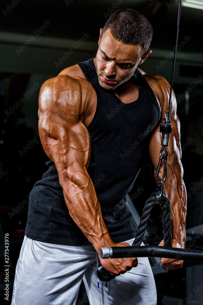 Body Builder Exercise Triceps at the Gym. Performing Triceps Rope Pushdowns Body Builder Exercise Triceps at the Gym. Performing Triceps Rope Pushdowns