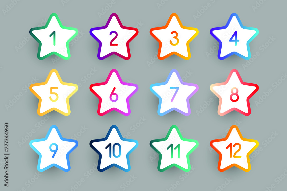 3d star bullet points set 1 to 12. Flat color gradient web icons template.