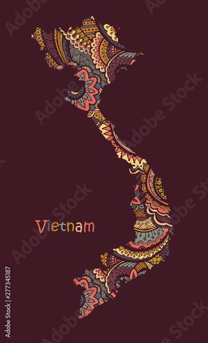 Textured vector map of Vietnam. Hand drawn ethno pattern, tribal background.
