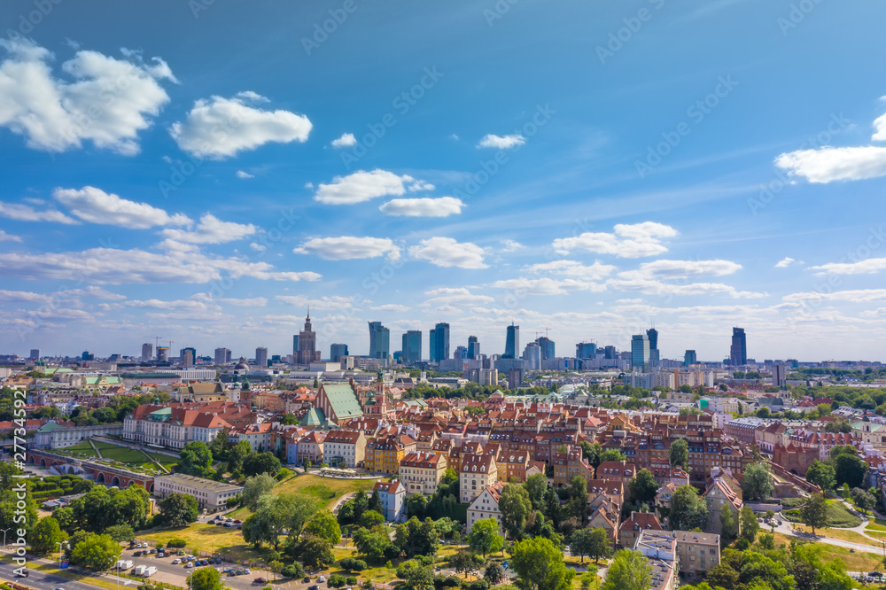 Aerial panorama of Warsaw, Poland  over the Vistual river and City center in a distance