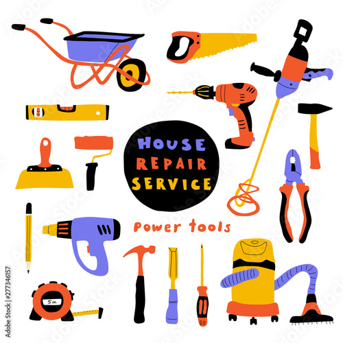 Construction tools, cute doodle set with lettering. Hand drawn cartoon vector illustration, isolated on white.
