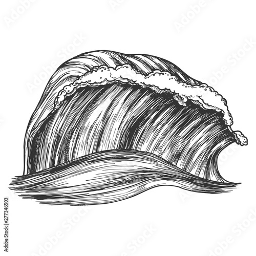 Rushing Wind Tropical Ocean Marine Wave Vector. Great Standing Marine Purl Storm Tidal Stream Surf Water. Motion Nature Aquatic Tsunami Power Monochrome Texture Cartoon Illustration