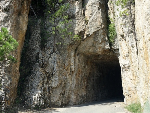 Side view to the entrance of the Needle's Eye tunnel, one of the best attractions at Needles Highway in South Dakota.